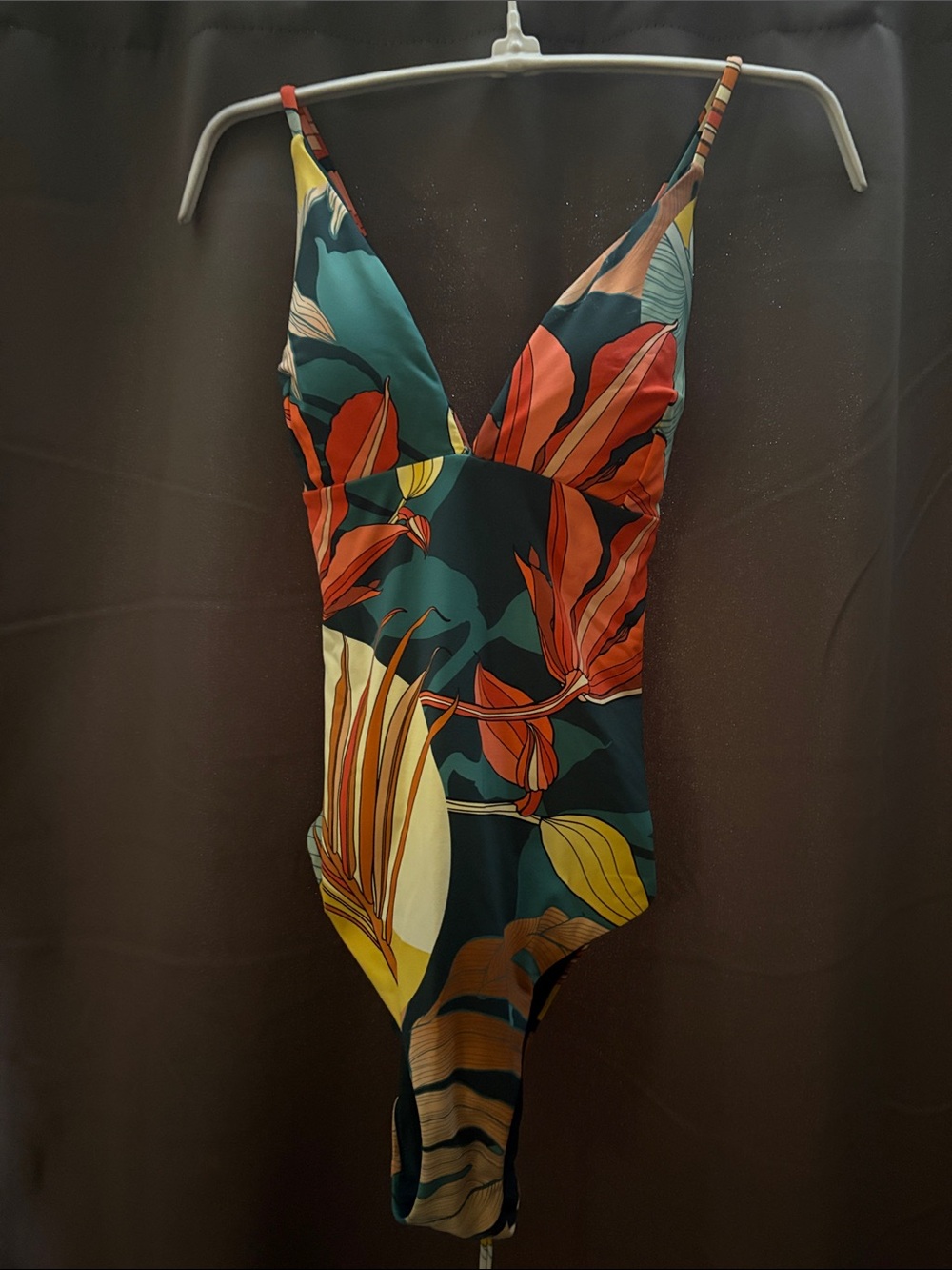 Tropical V-Neck One-Piece Swimsuit in Deep Teal with Rust Floral